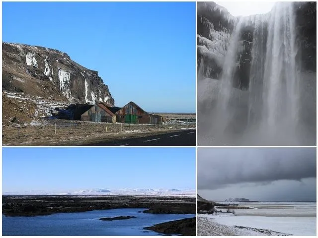 Cascade et paysages volcaniques enneigés d’Islande