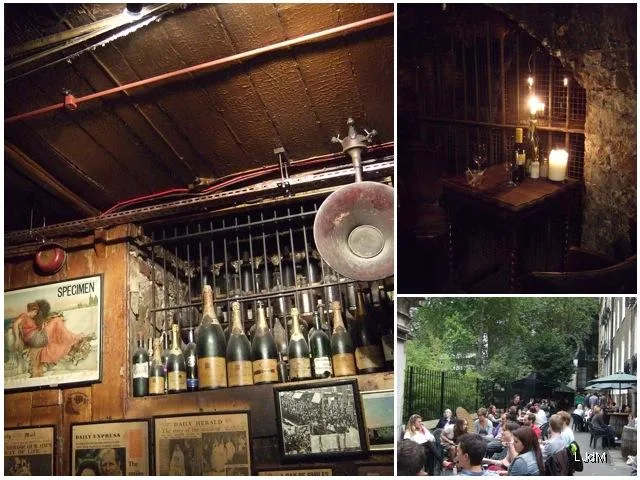 Collage d'un bar rustique londonien et de sa terrasse extérieure