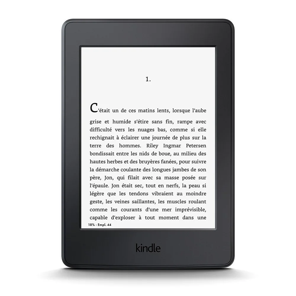 Liseuse Kindle noire affichant une page de texte