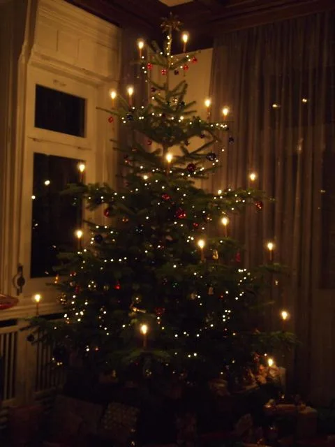 Arbre de Noël décoré brillant à côté d'une fenêtre