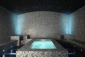 Hammam bordé de mosaïque avec un bassin profond central