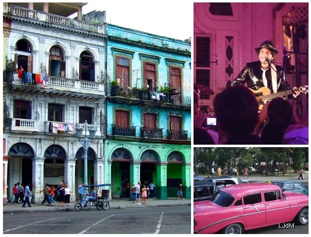 Collage de rues colorées de La Havane, d'un musicien et d'une voiture ancienne