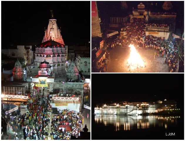Collage d'un festival nocturne, d'un temple illuminé et du front de mer d'Udaipur