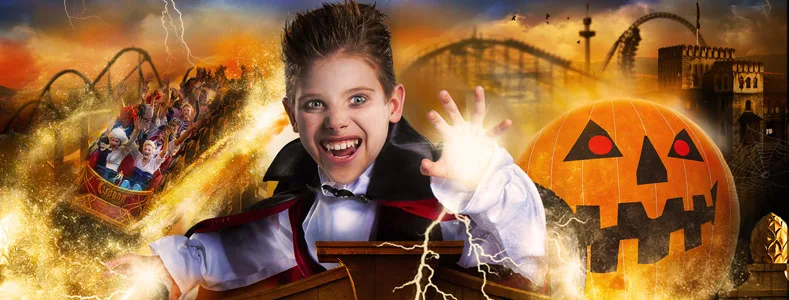 Bannière promotionnelle d'Halloween avec un magicien et une citrouille