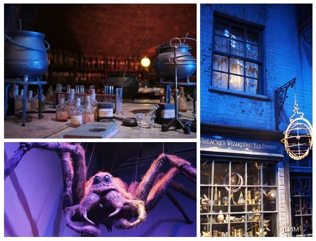 Collage d'accessoires de potion, d'une araignée géante et d'une vitrine dans les studios Harry Potter