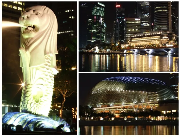 Collage du Merlion, de l'horizon de Marina Bay et de l'Esplanade la nuit