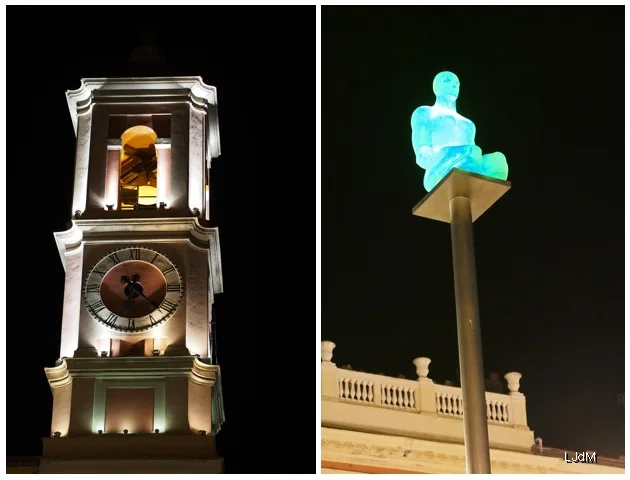 Collage d'une tour de l'horloge illuminée et d'œuvres d'art publiques à Nice