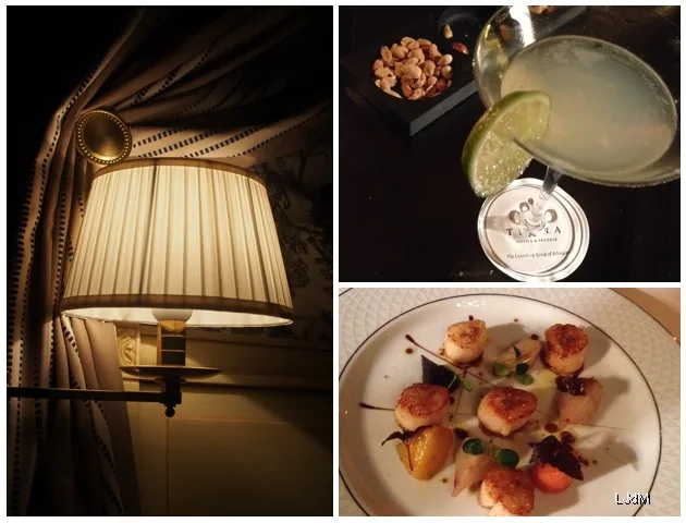 Collage d'une lampe de table, d'un cocktail et d'un dîner à l'assiette