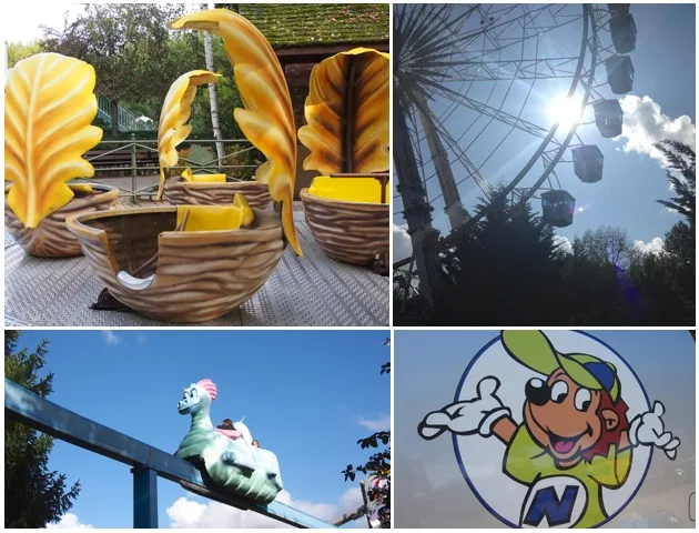 Collage de manèges et de panneaux à Nigloland