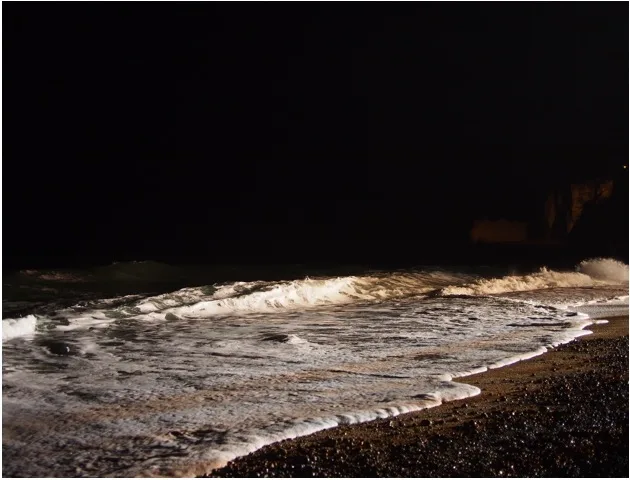 Vagues déferlant sur la plage d'Étretat la nuit