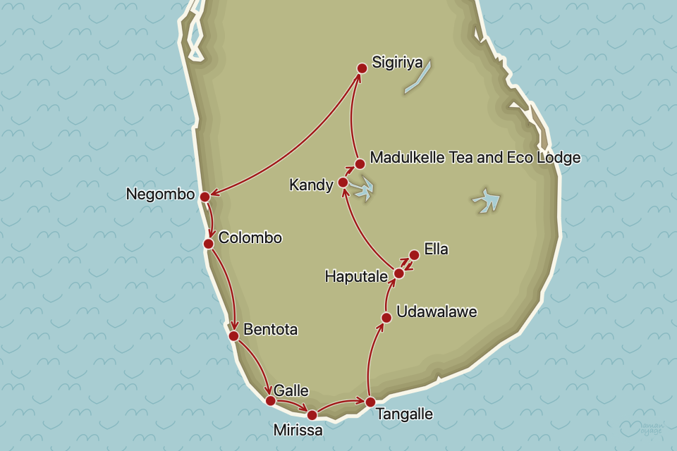 Carte de l’itinéraire en boucle au départ de Colombo (12 étapes)