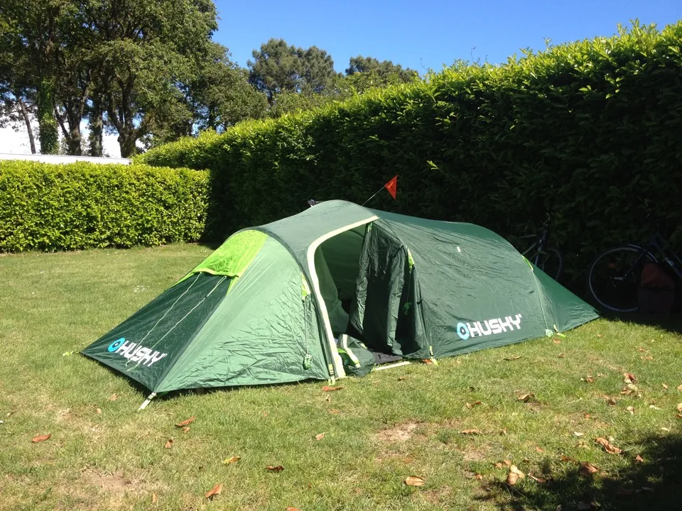 Tente verte montée devant une haie dans un camping