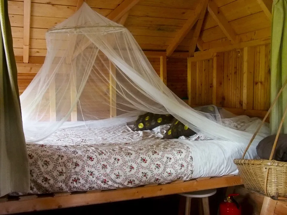 Lit sous une moustiquaire dans une cabane en bois