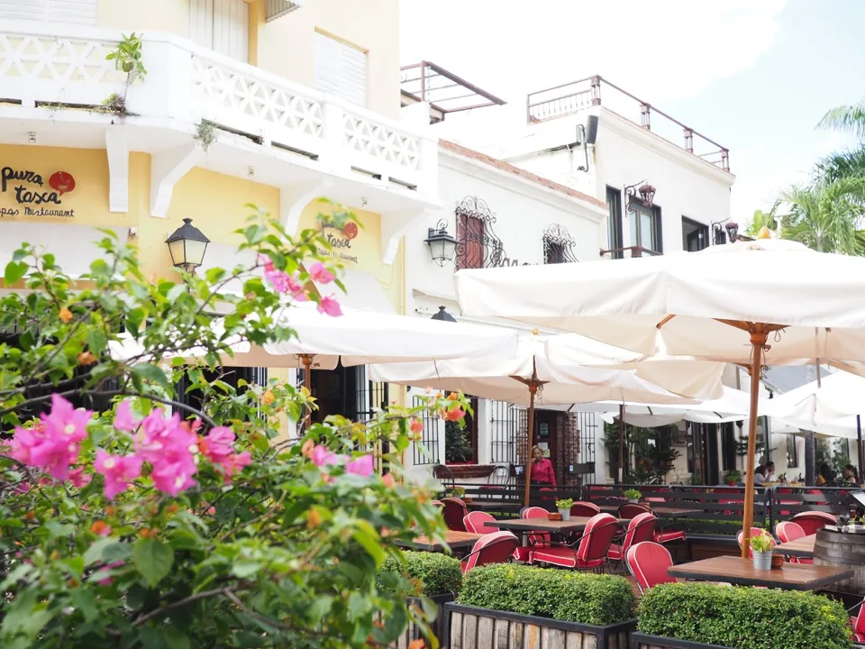 Terrasse de restaurant avec bougainvilliers à Saint-Domingue