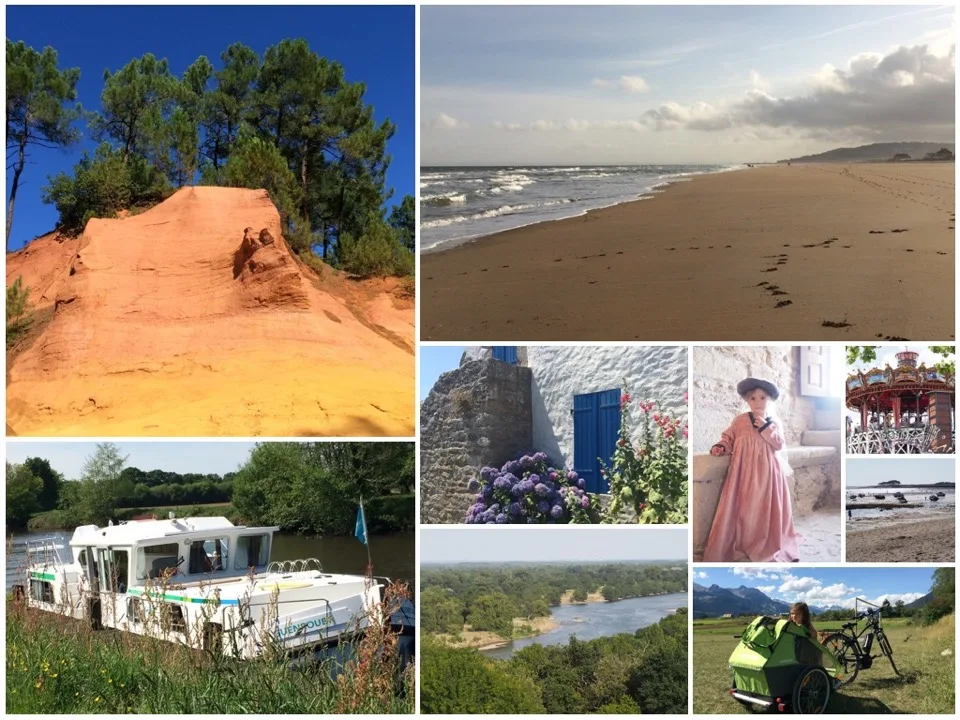 Collage de paysages français, camping et séjours à vélo