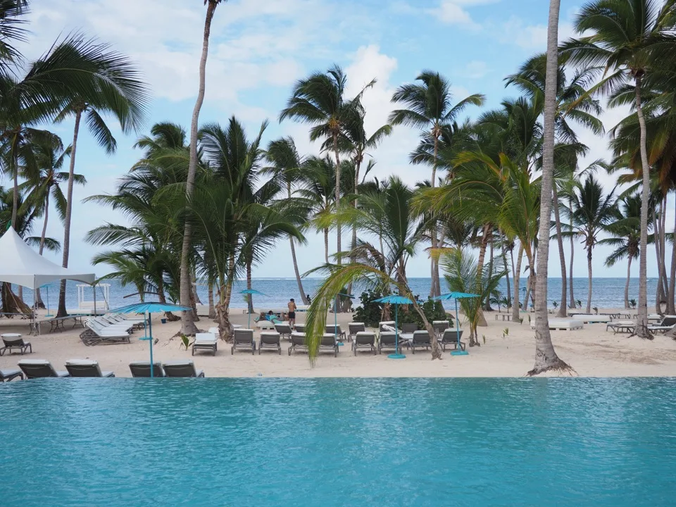 Palmiers et chaises longues au bord d'une piscine du complexe