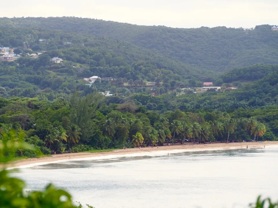 Plage incurvée bordée de collines tropicales