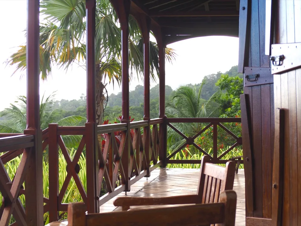 Véranda en bois donnant sur la verdure tropicale