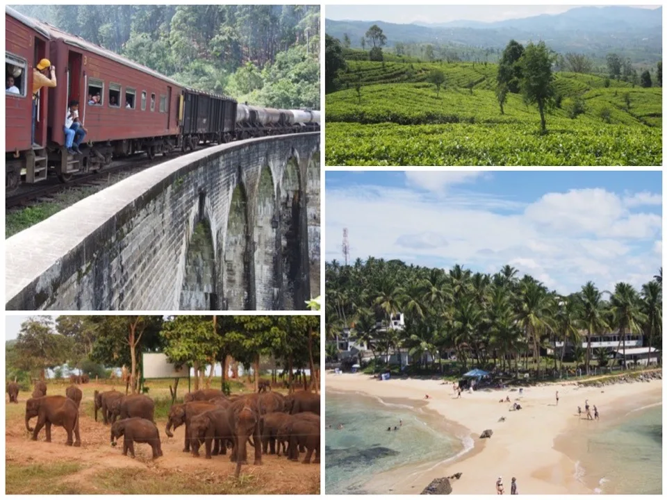 Collage d'un train, de champs de thé, d'éléphants et d'une plage sri lankaise