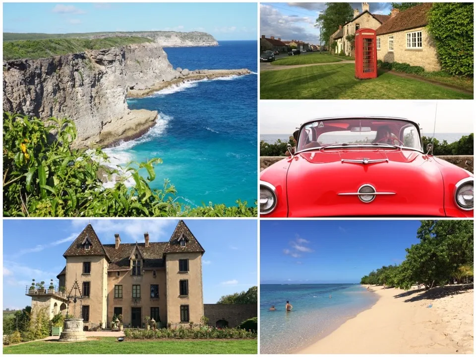 Collage de paysages côtiers, de bâtiments historiques et d'une décapotable rouge