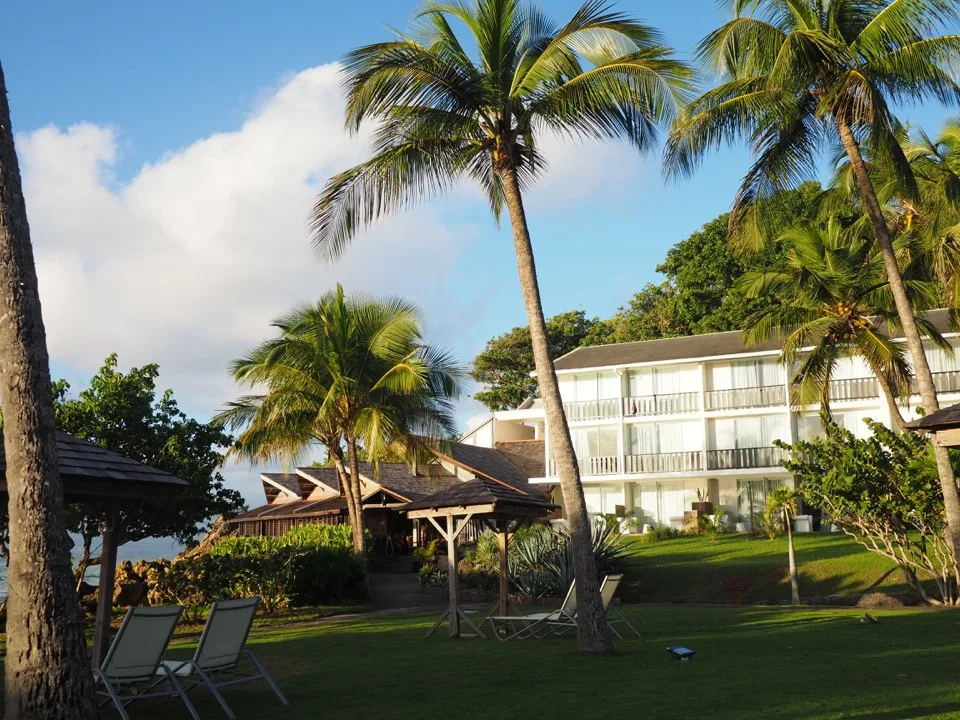 Jardin tropical d'hôtel au bord de la plage sur la Grande-Terre