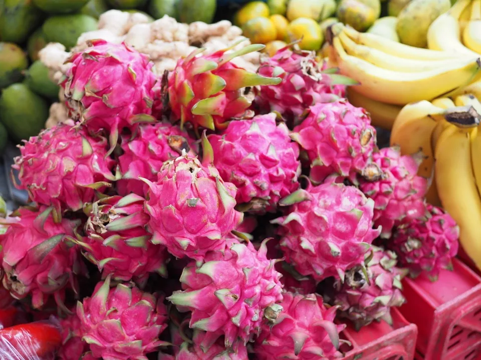 Fruit du dragon et bananes au marché de Pointe-à-Pitre