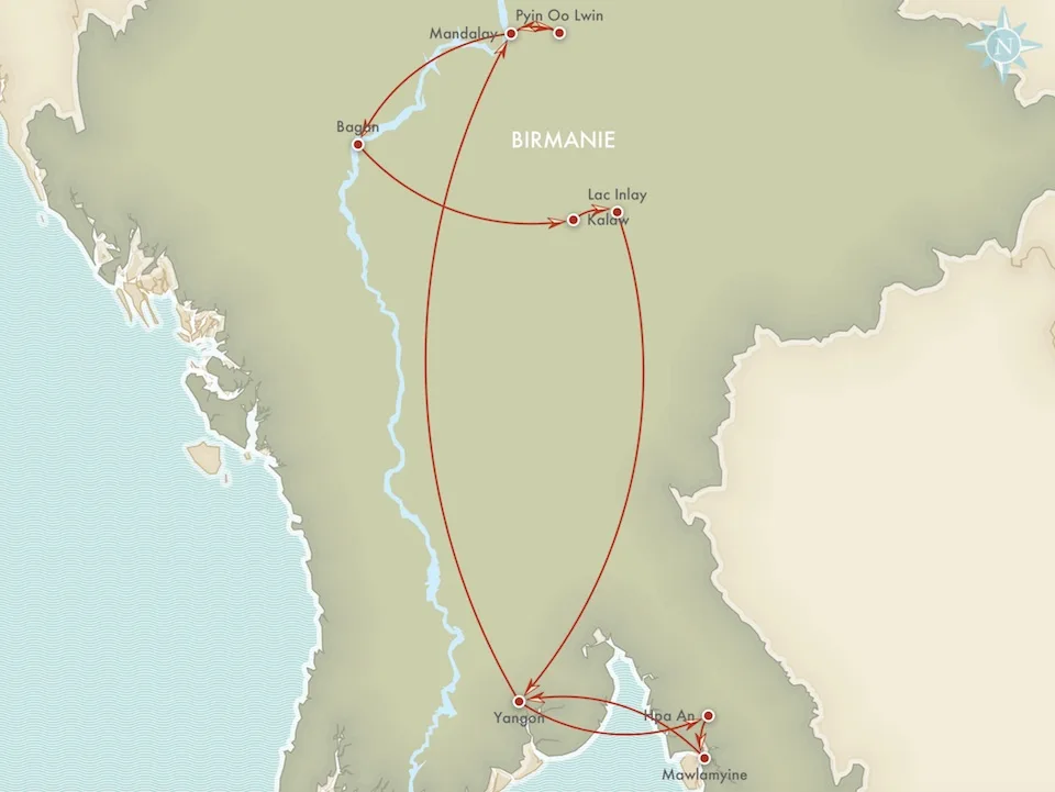 Karte mit einer Familienreise durch Myanmar