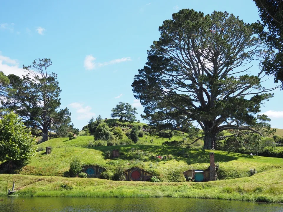 Großer Baum in der grünen Landschaft von Hobbiton