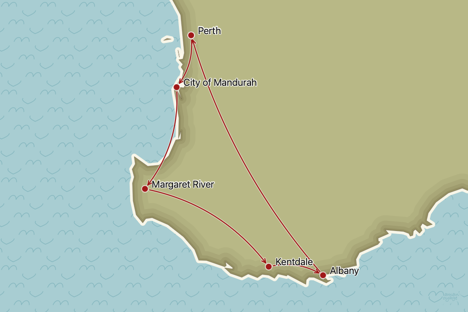 Carte de l’itinéraire : Perth, City of Mandurah, Margaret River, Kentdale et Albany