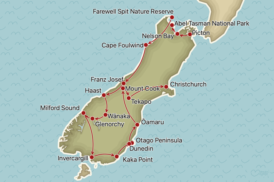 Carte de l’itinéraire de Picton à Christchurch (18 étapes)
