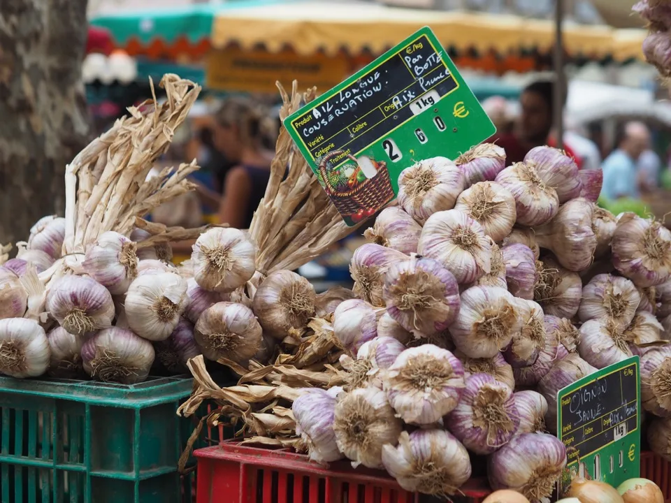 Knoblauchzöpfe auf dem Markt von Aix-en-Provence