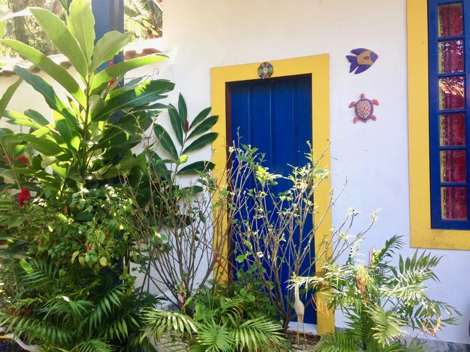 Porte colorée entourée de plantes tropicales