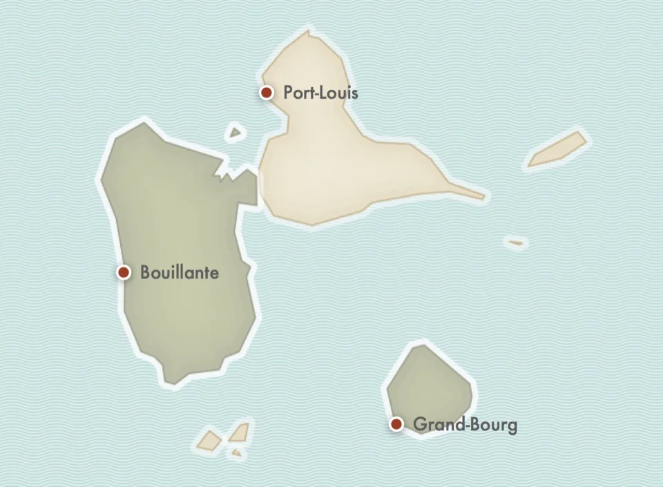 Carte présentant l'archipel de la Guadeloupe et les étapes du voyage