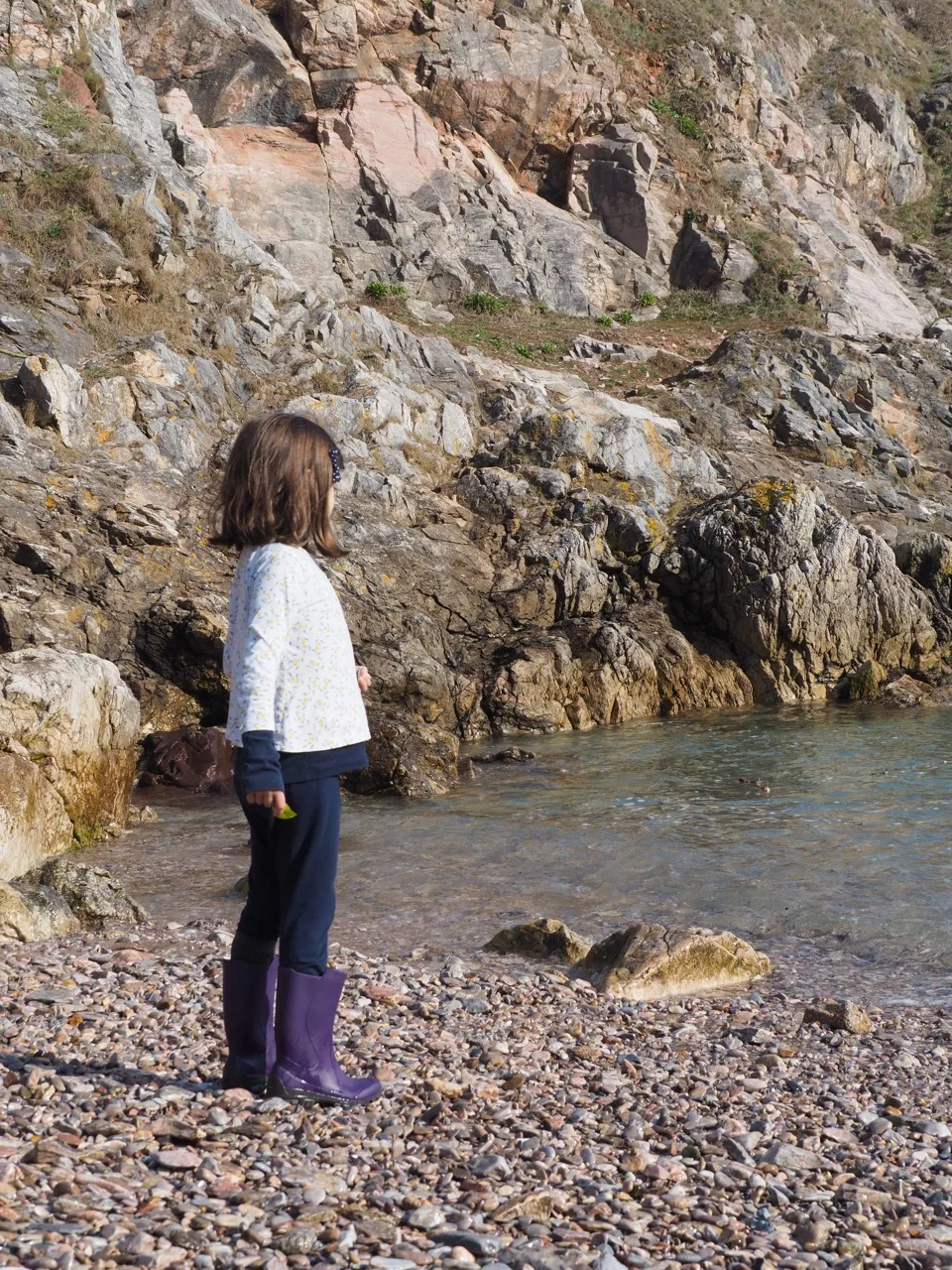 Family seen from behind on a Devon pebble beach
