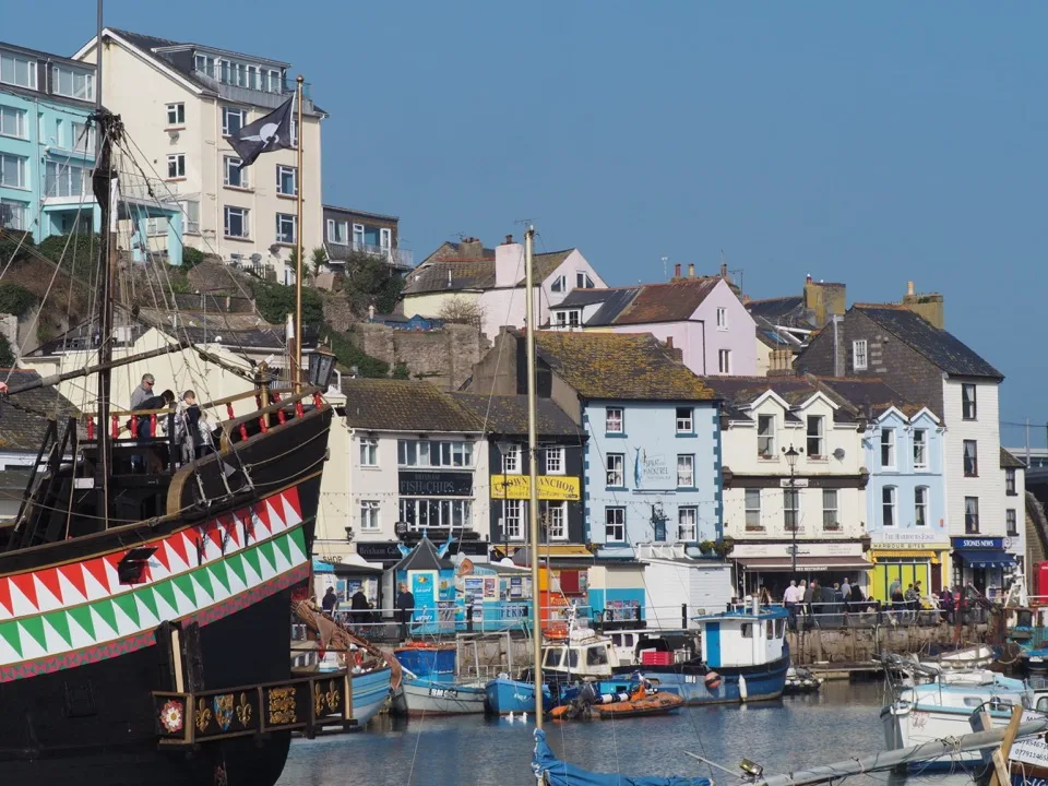 Brixham harbour with its houses and boats