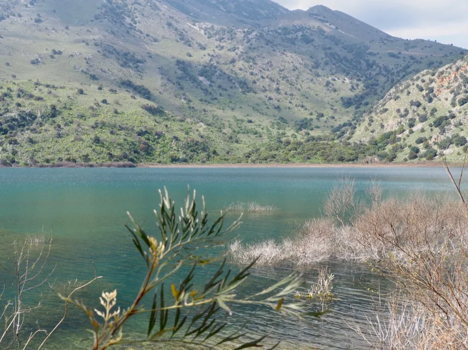 View of Lake Kournas surrounded by mountains