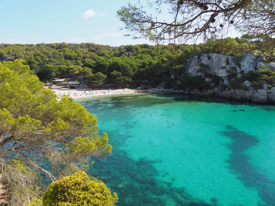 Türkisfarbenes Wasser der Cala Macarella zwischen Pinien und Klippen