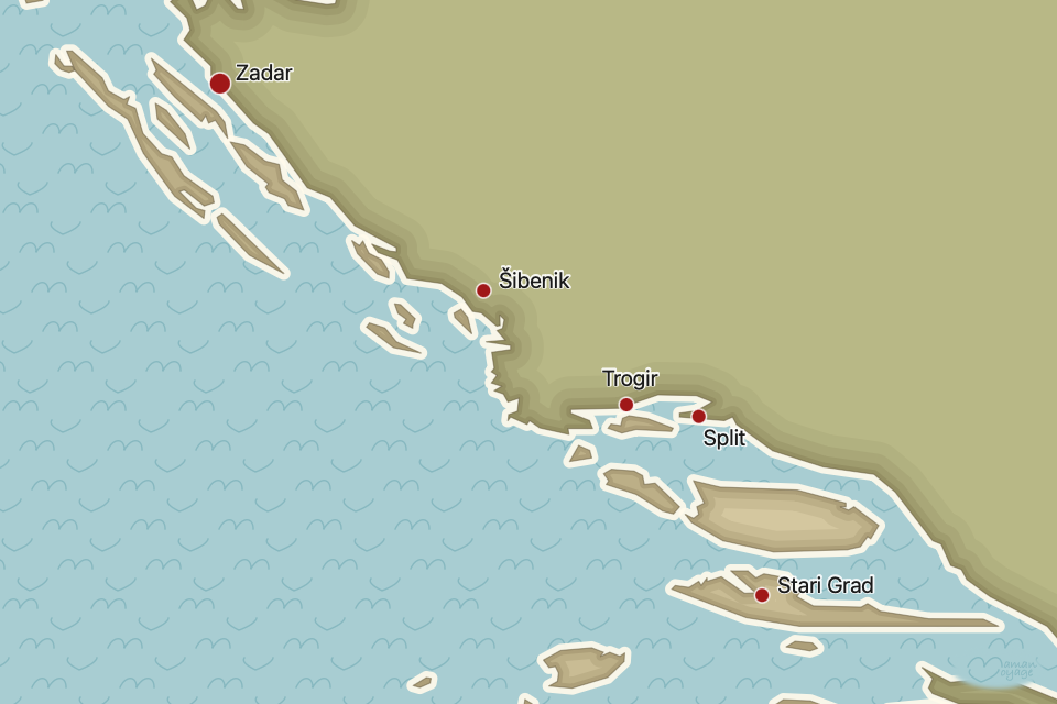 Carte : Zadar, Šibenik, Trogir, Split et Grad Stari Grad