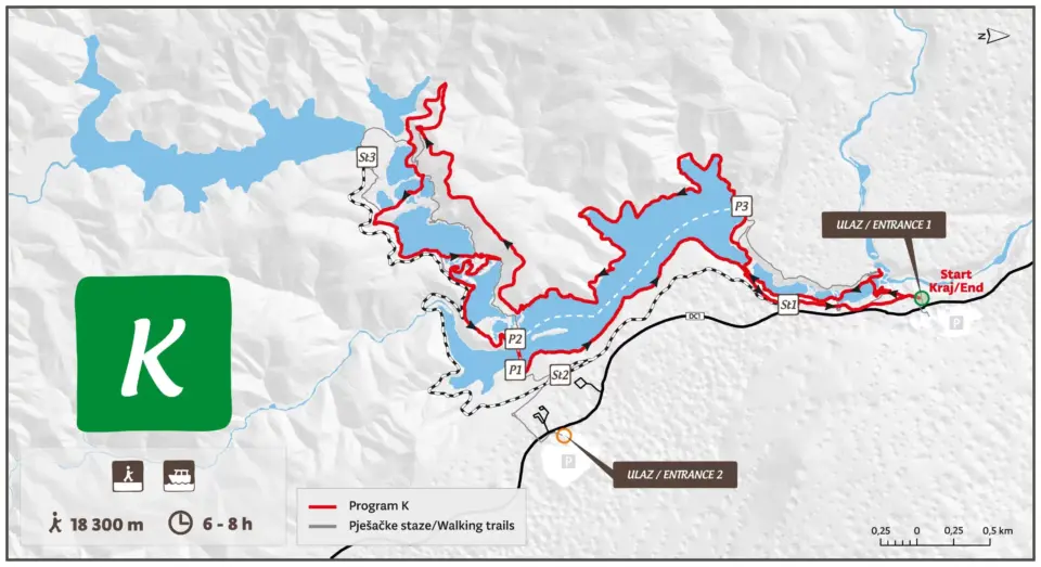 Carte du Programme K, circuit de randonnée de 18,3 km (6 à 8 h) avec départ et arrivée à l'entrée 1, traversant des lacs et des sentiers pédestres, avec une entrée 2 alternative. Les détails du parcours et des points d'intérêt sont décrits dans le contenu environnant