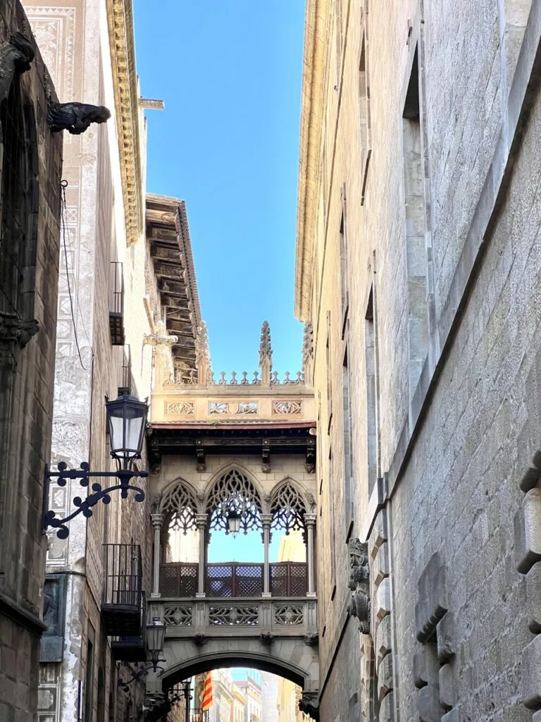 Neo-Gothic Pont del Bisbe between buildings in Barcelona's Gothic Quarter