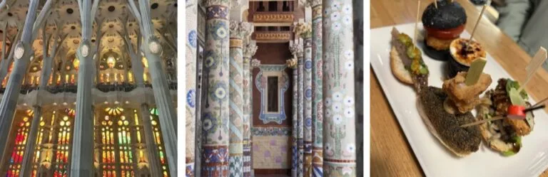 Collage aus der Sagrada Família dem Palau de la Música Catalana und einem Teller Pintxos