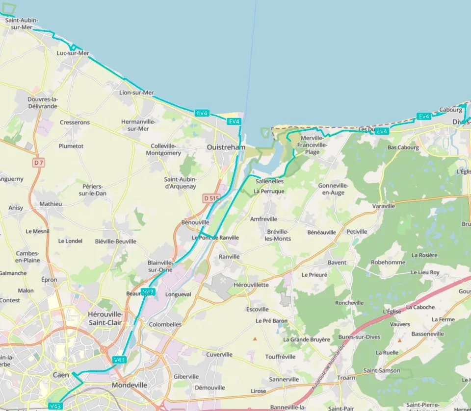 Carte du tracé cyclable EV4 et V43 entre Caen et Cabourg, longeant la côte normande via Ouistreham et traversant le pays d'Auge
