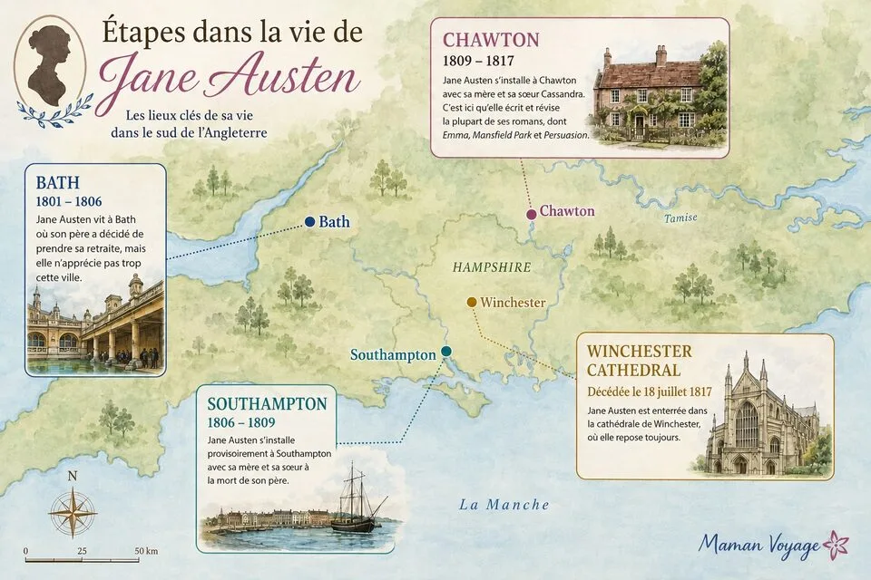 Carte des lieux liés à Jane Austen dans le sud de l’Angleterre