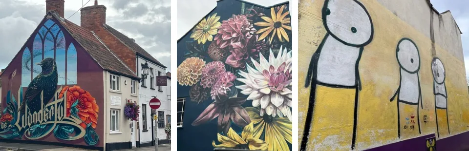 Collage de fresques florales, d’un oiseau et de personnages de Stik à Glastonbury
