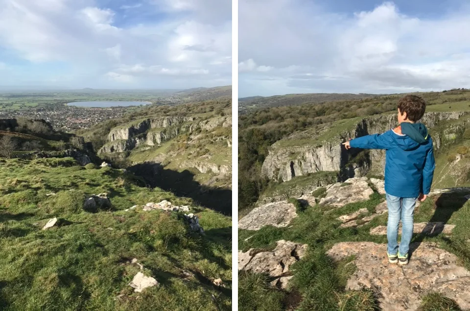 Diptyque des gorges de Cheddar avec un enfant observant le panorama